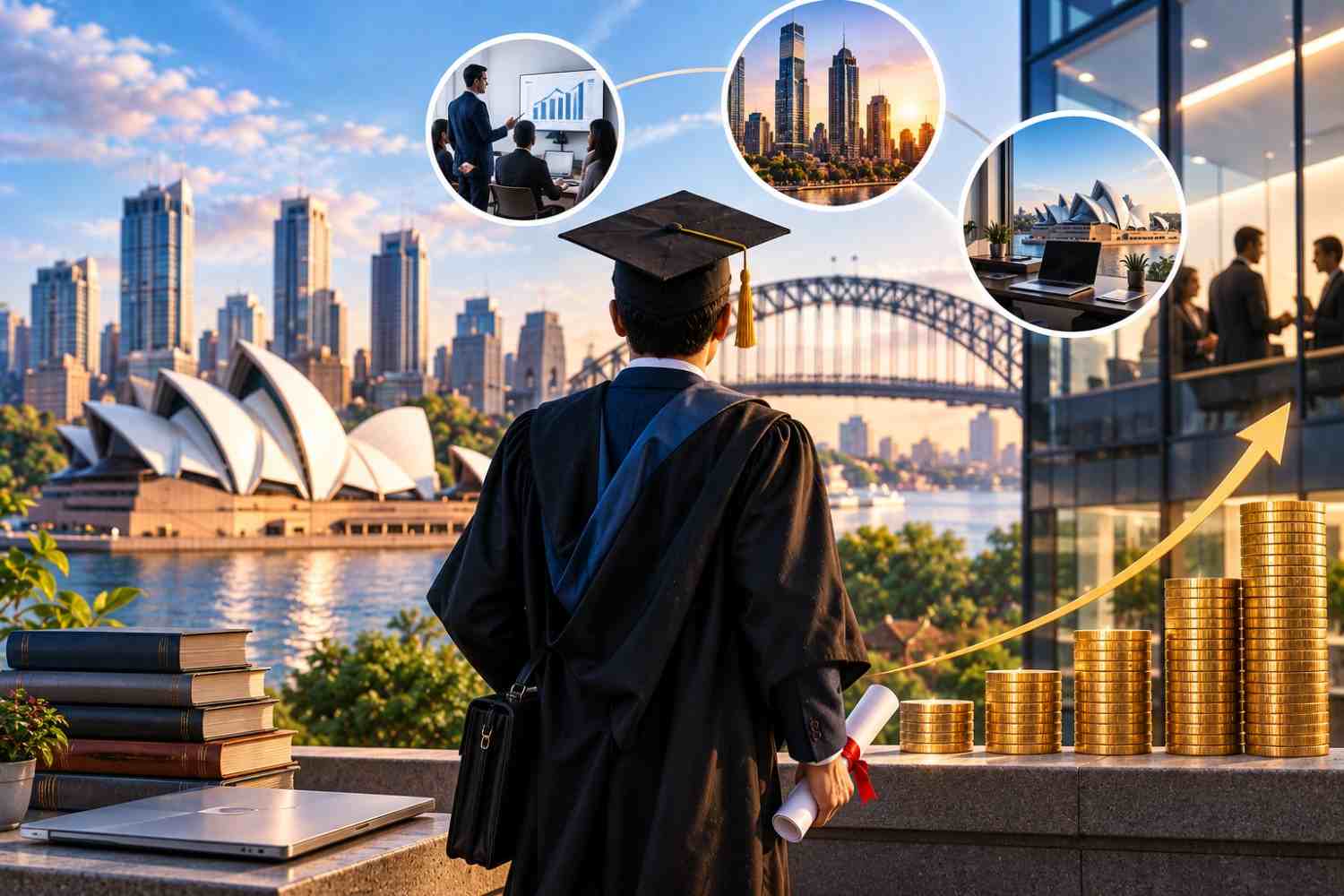 MBA graduate in Sydney holding a diploma and briefcase, with business professionals, office buildings, city skyline, and rising stacks of coins symbolizing MBA career opportunities and salaries in Australia.